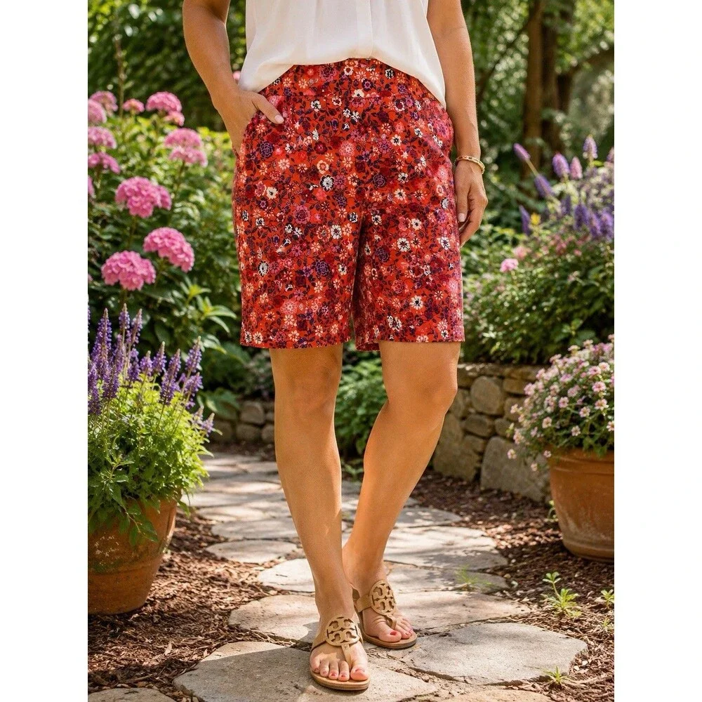 Terra & Sky Coral Floral Bermuda Shorts 0X 14W Stretch Pockets Plus Size